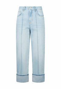 Jeans de mezclilla azul claro con diseño de pierna recta, que cuentan con dos bolsillos frontales, cierre de botón y puños enrollados. Costuras verticales sutiles.