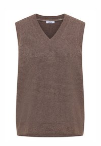Hnědý bezrukávový pletený pulovr s výstřihem do V; má texturovaný vzor a rovný střih na spodním lemu. Viditelná štítek značky "CECIL".