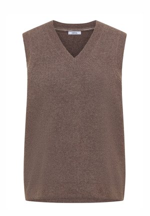 Bruine, mouwloze gebreide trui met een V-hals; heeft een gestructureerd patroon en een rechte snit aan de zoom. Merklabel "CECIL" zichtbaar.
