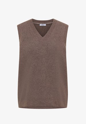Bruine, mouwloze gebreide trui met een V-hals; heeft een gestructureerd patroon en een rechte snit aan de zoom. Merklabel "CECIL" zichtbaar.