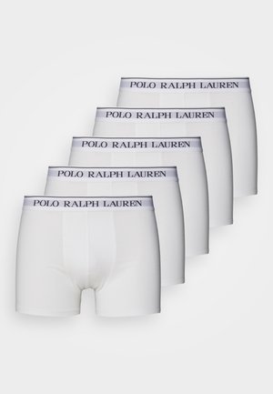 Culottes blanches en pack de cinq, avec une ceinture grise arborant le logo "POLO RALPH LAUREN", en tissu lisse et à design ajusté.
