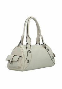 Borsa a tracolla bianca in pelle, di forma rotonda, con doppio manico, componenti decorativi e una tasca frontale. Presenta cuciture a contrasto e dettagli circolari.