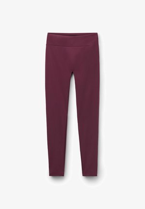 Burgundy leggings med en slät yta, hög midja och en tapered design, tillverkade av ett elastiskt, andningsbart material.