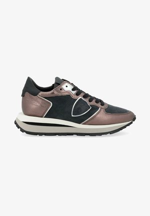 Men's sneaker in black suede and metallic bronze leather. Features a layered design, white accents, and a rugged black rubber sole.