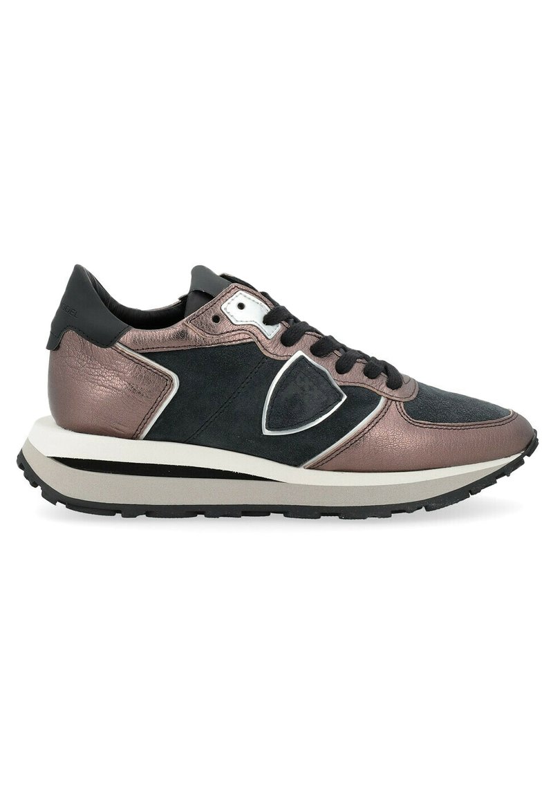 Men's sneaker in black suede and metallic bronze leather. Features a layered design, white accents, and a rugged black rubber sole.