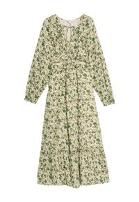 Blumenkleid im Maxistil mit langen Ärmeln, das ein grünes Blattmuster auf einem cremigen Hintergrund zeigt und einen gestuften Rüschensaum hat. Weicher Stoff.