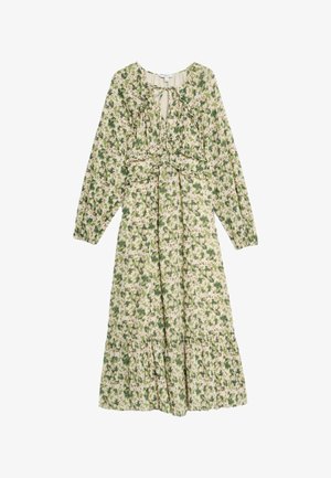 Bloemen maxi jurk met lange mouwen, met een groen bladerenpatroon op een crèmekleurige achtergrond en een gelaagde rucheszoom. Zachte stoftextuur.