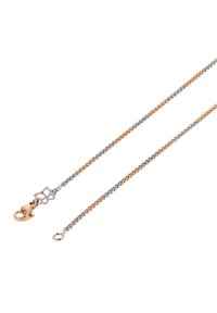 Tofarvet snoet kædehalssmykke med sølv- og roseguld-lænker, med en kædelås og sommerfugl-detalje.