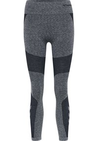 Strumpbyxor i melerat grått tyg med mörkblå detaljer. Har en bred midjeband och en figurnära design, lämplig för aktiv användning.