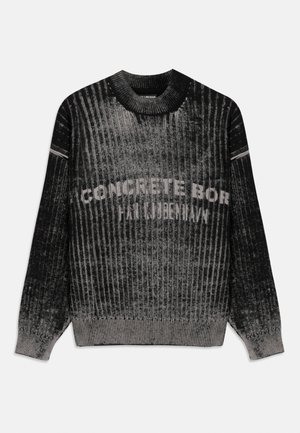 Black and gray ribbed knit sweater with a round neckline. Features a gradient design and printed text in bold white letters.