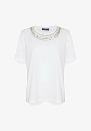Biała koszulka z krótkim rękawem z ozdobą z koralików wokół dekoltu. Wykonana z gładkiego materiału, o luźnym kroju.
