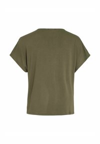 T-shirt ample à manches courtes de couleur vert olive uni, montré de dos avec un col rond et sans logos ni motifs visibles.