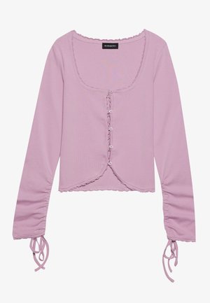 Lilac long-sleeve cropped top with a square neckline, button front closure, ruffled trim, and adjustable tie details on the sleeves.