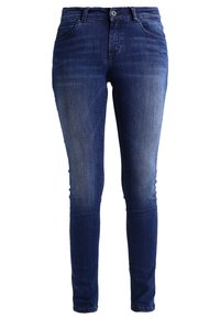Smala jeans i mörkblå denim med tvättad effekt, med framknäppning, bälteshällor och sidofickor.