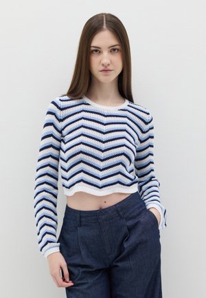 Häkelsweater im cropped Design mit blauen und weißen Zickzackstreifen. Lange Ärmel und der gerippte Ausschnitt verleihen dem Kleidungsstück zusätzliche Details.