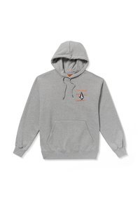 Grijze hoodiesweater van een katoenmengsel. Heeft een voorzak, ribgebreide manchetten en een oranje logo-opdruk op de borst. Zachte textuur.