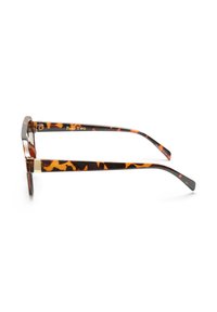 Tortoiseshell sunglasses with rectangular lenses, featuring thick acetate frames and slender arms. Gold hardware accents on the sides.