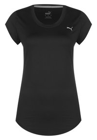 Svart t-shirt med kort ärm, rund halsringning och böjd nederkant. Har en liten silverlogotyp på bröstet. Tillverkad av ett mjukt, elastiskt material.