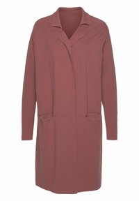 Roze vest met een kraag, lange mouwen en twee voorzakken. Gemaakt van gestructureerde stof en heeft een losse, knielange pasvorm.