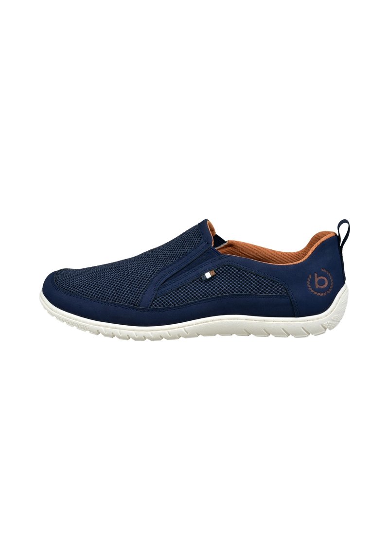Marinefarbene Slipper mit einem Oberteil aus Mesh, Gummisohle und braunen Akzenten. Leichtes Design mit strukturiertem Finish und einer Zuglasche an der Ferse.
