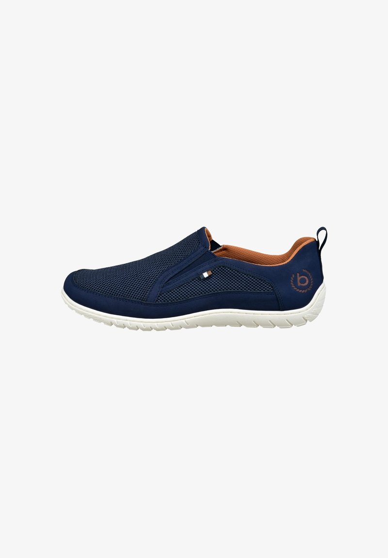 Marinefarbene Slipper mit einem Oberteil aus Mesh, Gummisohle und braunen Akzenten. Leichtes Design mit strukturiertem Finish und einer Zuglasche an der Ferse.