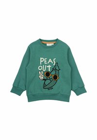 Žalias džemperis su ilgomis rankovėmis, puošiamas siuvinėtu piešiniu, kuriame yra žirnis su akinių nuo saulės. Užrašas sako "PEAS OUT." Minkšta medžiaga.