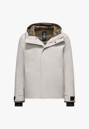 Giacca impermeabile grigia chiara con cappuccio, dotata di un rivestimento imbottito beige, due tasche frontali e polsini regolabili con accenti neri.