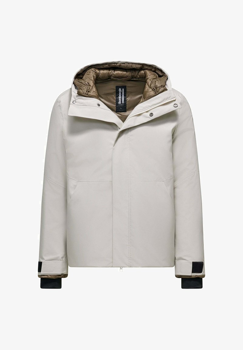 Giacca impermeabile grigia chiara con cappuccio, dotata di un rivestimento imbottito beige, due tasche frontali e polsini regolabili con accenti neri.