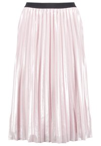 Plisserad midikjol i mjuk rosa satin med ett svart elastiskt midjeband. Har en slät, glänsande yta och når under knäet.