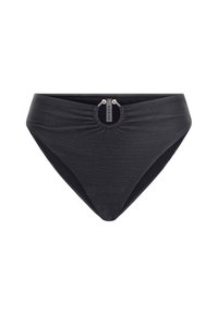 Black bikini bottom with a high-waisted design, featuring a gathered texture and a front accent with a branded metal clasp.