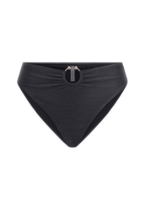 Black bikini bottom with a high-waisted design, featuring a gathered texture and a front accent with a branded metal clasp.