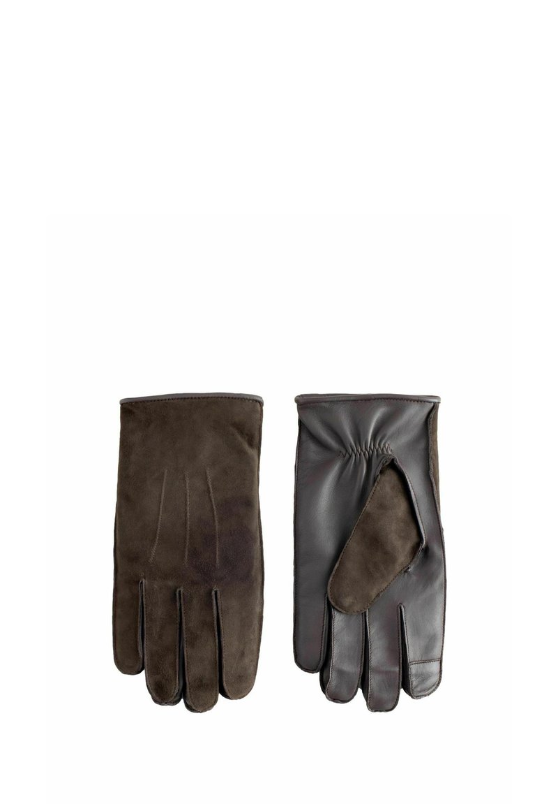 Brown leather gloves featuring a soft suede exterior. Designed with five finger slots and a textured finish on the palm.
