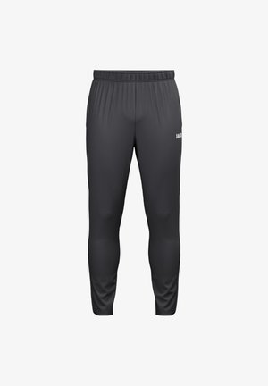 Zwarte sportbroek met elastische tailleband en klein wit JAKO-logo op de rechterdij, getoond tegen een witte achtergrond.
