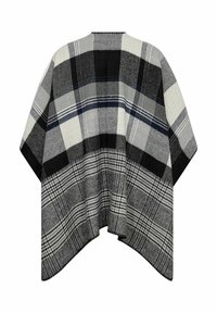 Rutig poncho i svart, vitt och grått; texturerad tyg; öppen fram; har varierande rutmönster; asymmetrisk nederkant med rundade kanter.