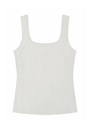 Valkoinen hihaton toppi, jossa leveät olkaimet ja neliskulmainen pääntie, yksinkertainen muotoilu valkoisella taustalla.