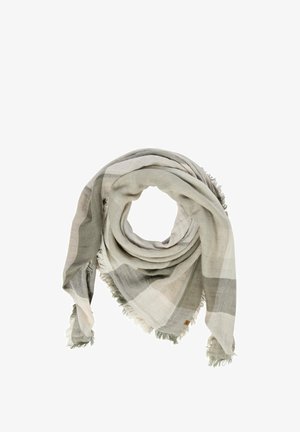Lightweight scarf in gray and white plaid pattern, featuring frayed edges and a soft texture, rolled in a circular shape.