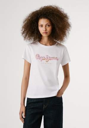 T-shirt bianca in cotone con un colorato logo "Pepe Jeans London". Maniche corte con scollatura rotonda classica, design minimalista.