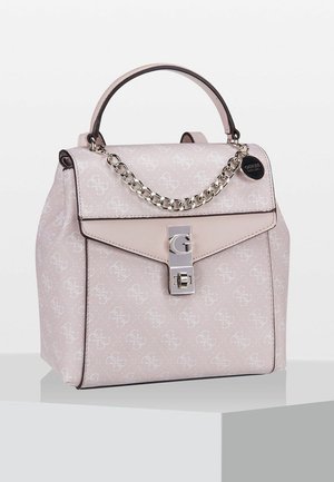 Light pink structured handbag with top handle, silver chain detail, front lock with "G" emblem, and subtle repeating logo pattern.