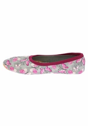 Multicolored ballet flat shoe with a gray fabric featuring pink butterfly patterns, a maroon trim, and a rounded toe design.