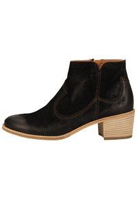 Botines de ante negros con tacón apilado marrón, punta redonda, cremallera lateral y costuras decorativas marrones a lo largo de los lados y el cuello del tobillo.