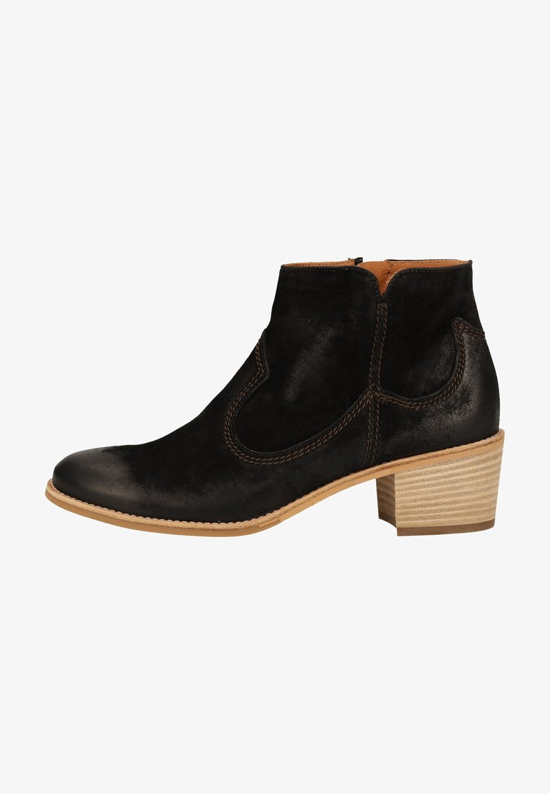 Botines de ante negros con tacón apilado marrón, punta redonda, cremallera lateral y costuras decorativas marrones a lo largo de los lados y el cuello del tobillo.