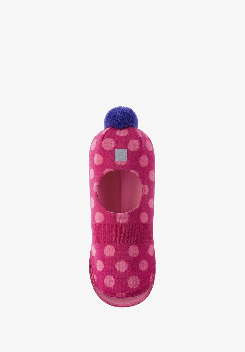 Fuchsia polka dot slipper with a rounded toe and an open top. Features a soft purple pom-pom on the crown and a textured footbed.