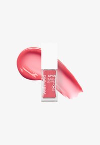Huile à lèvres rose dans un flacon rectangulaire transparent avec un capuchon blanc, accompagnée d'une traînée de produit rose assortie. Le texte indique "Huile à lèvres 7 huiles."