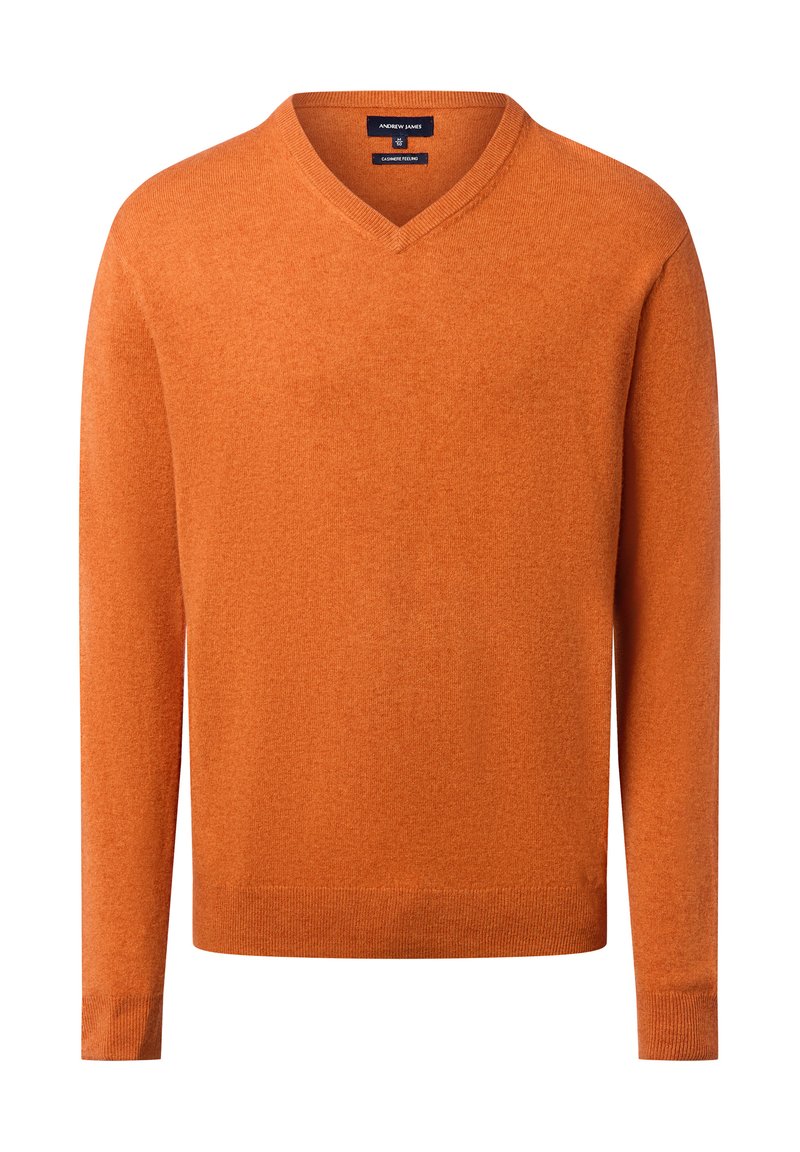 V-Ausschnitt Pullover aus strukturiertem orangefarbenem Strick. Mit langen Ärmeln, gerippten Bündchen und Saum. Etikett im Ausschnitt sichtbar.