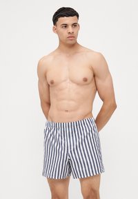 Shorts de bain rayés avec une taille élastique, présentant des rayures verticales bleu marine et blanches, fabriqués dans un tissu léger. Design simple et classique.