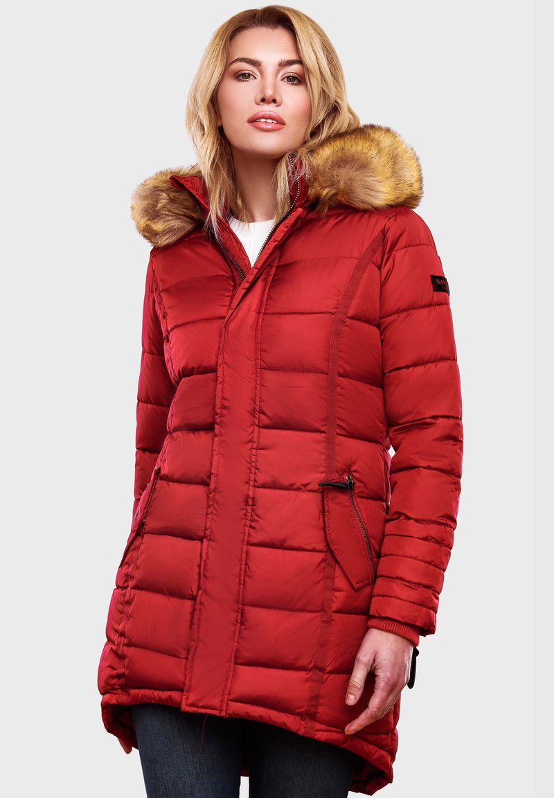 Red padded winter coat featuring a fur-lined hood, zippered side pockets, and a slightly elongated back with horizontal quilted design.