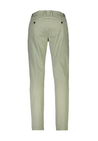 Pantalons vert clair à coupe slim, avec deux poches arrière, passants de ceinture et une texture lisse et mate.