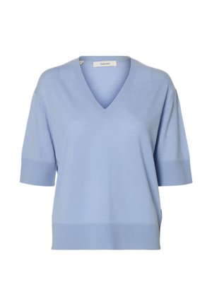 Ανοιχτό μπλε κοντομάνικο πουλόβερ με V-λαιμόκοψη, με ριμπ μανσέτες και τελείωμα, με την ετικέτα "Selected" στο εσωτερικό του γιακά.