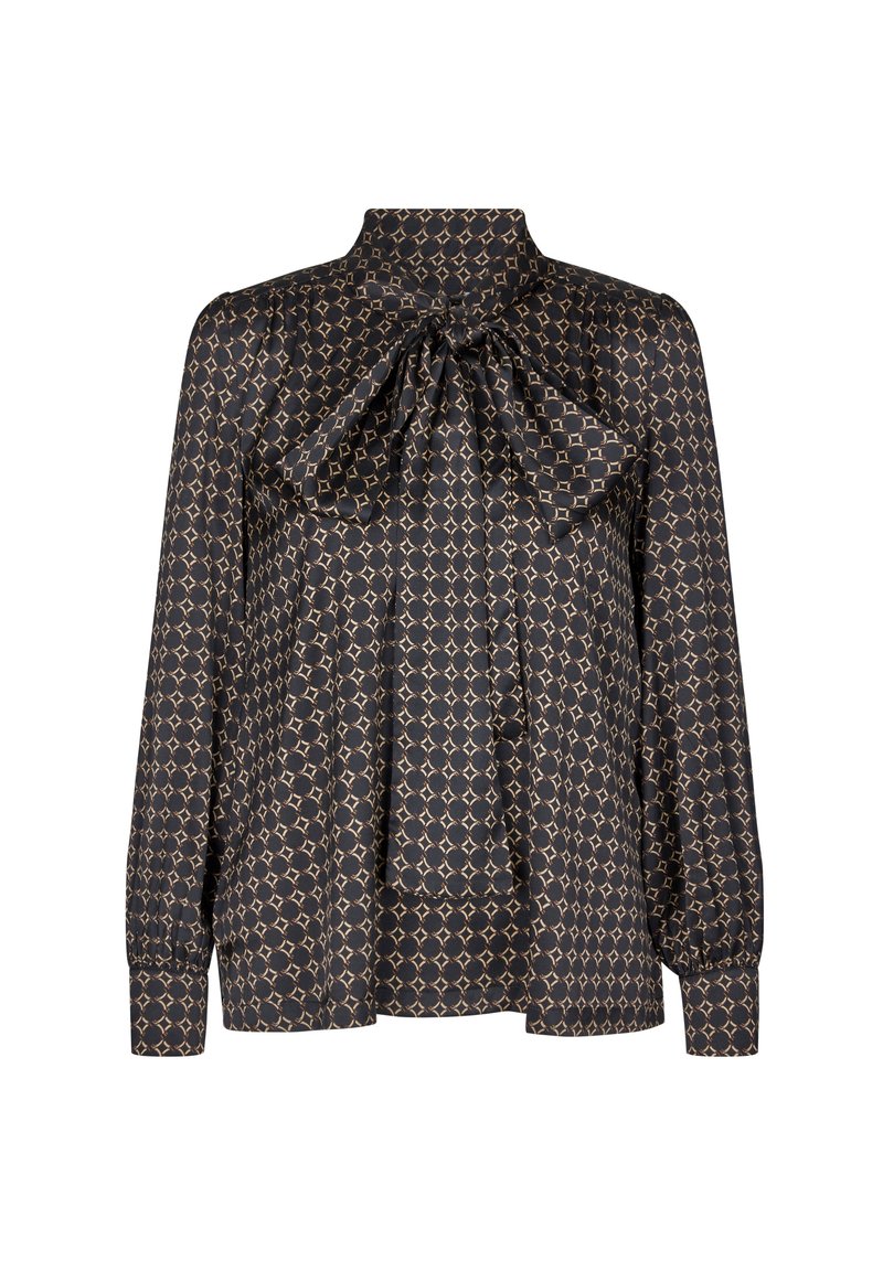 Mustmustärk ja kõrge kaelusega must blouse, millel on lipsu detail. Kaunistatud geomeetrilise kuldse mustriga, pikkae varrukate ja kogutud mansettidega.