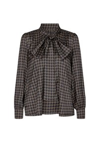 Schwarze gemusterte Bluse mit langen Ärmeln, Schleifen-Detail am Hals, mit einem geometrischen Design in Goldtönen und einem lockeren Schnitt.